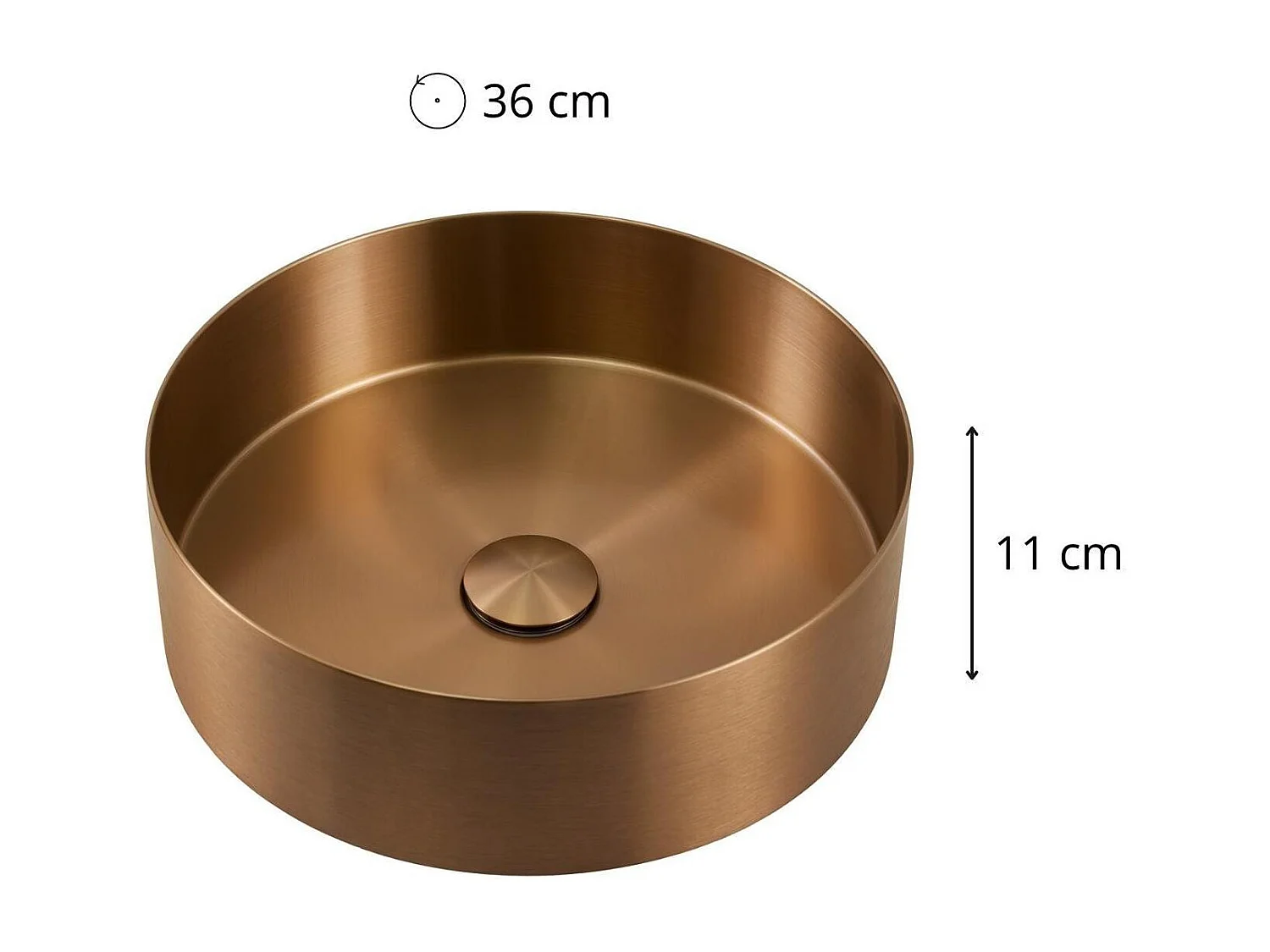 Rundes, schwarzes Edelstahl-Aufsatzwaschbecken, 36 cm, mit passendem Ablaufgarnitur