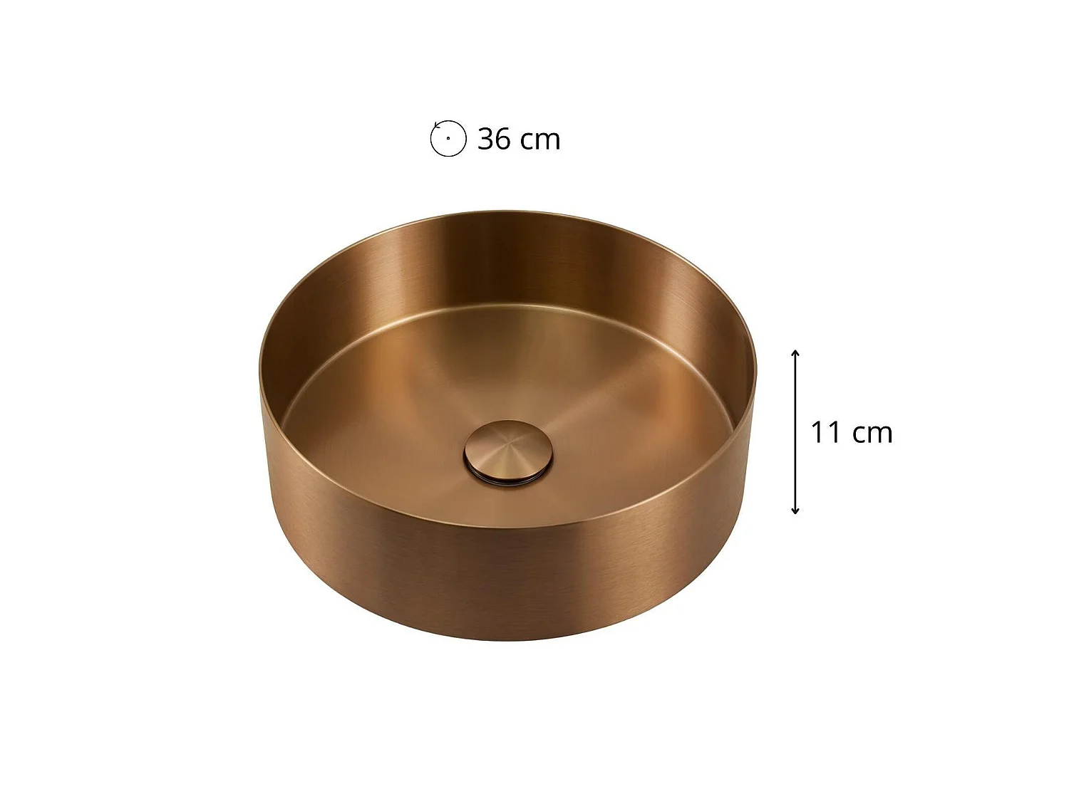 Lavatório de bancada redondo em aço inoxidável preto, 36 cm, com torneira de escoamento correspondente.