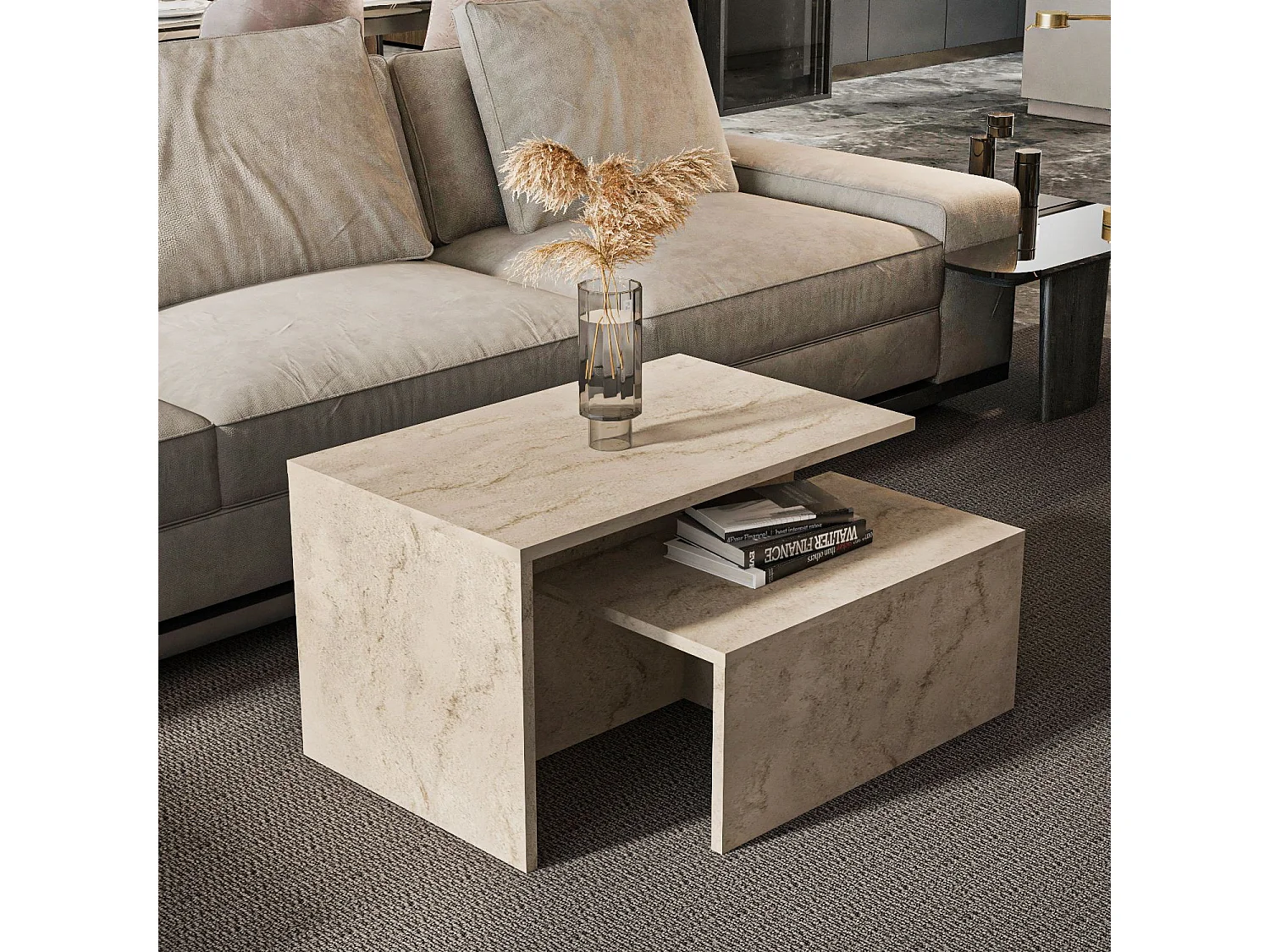 Table gigogne (2 pièces) en bois "Twins" 72 x 45 x 42 cm - Travertin