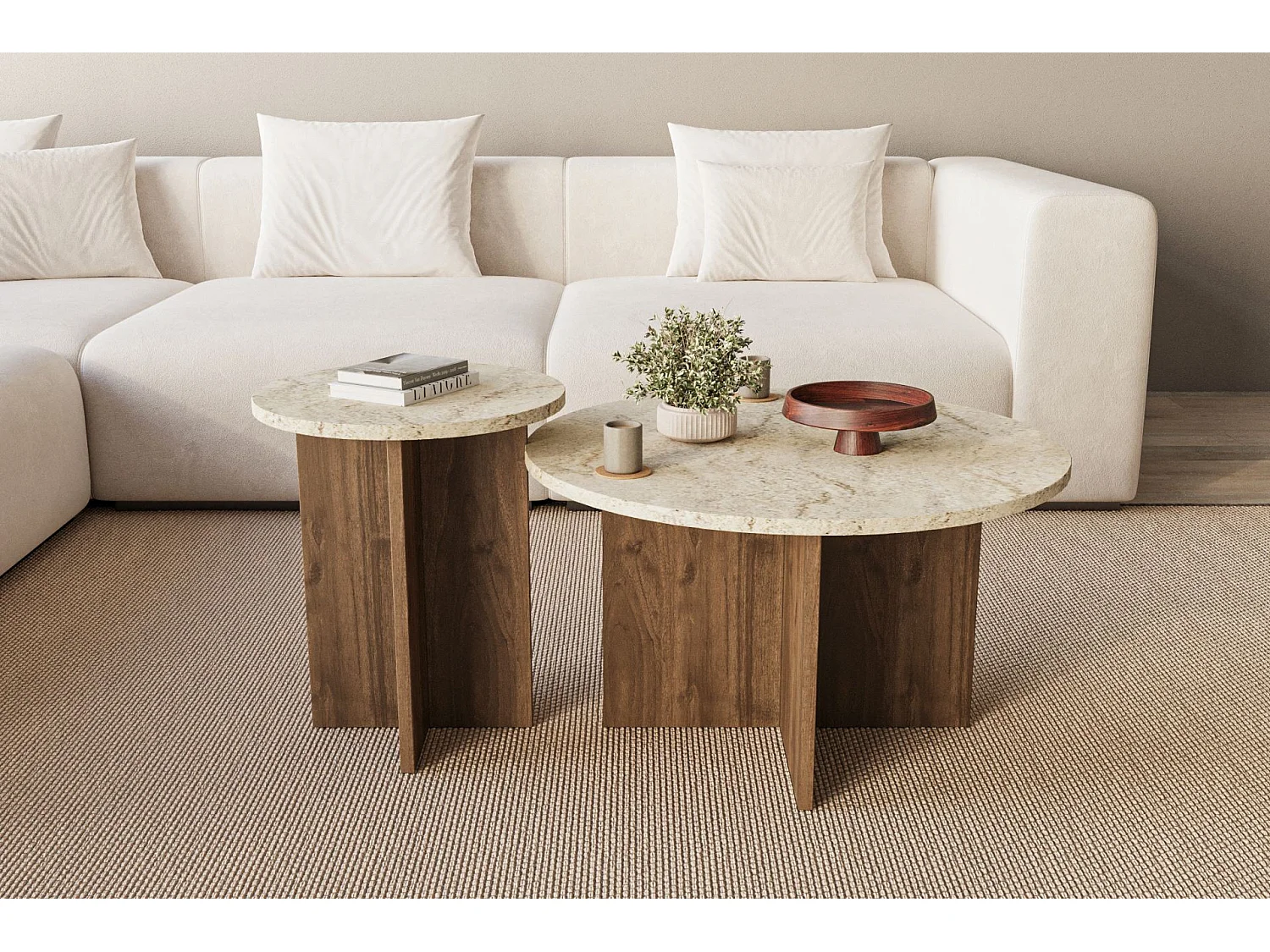 Ensemble de table basse en bois "Private" 70 x 70 x 40 cm - Travertin