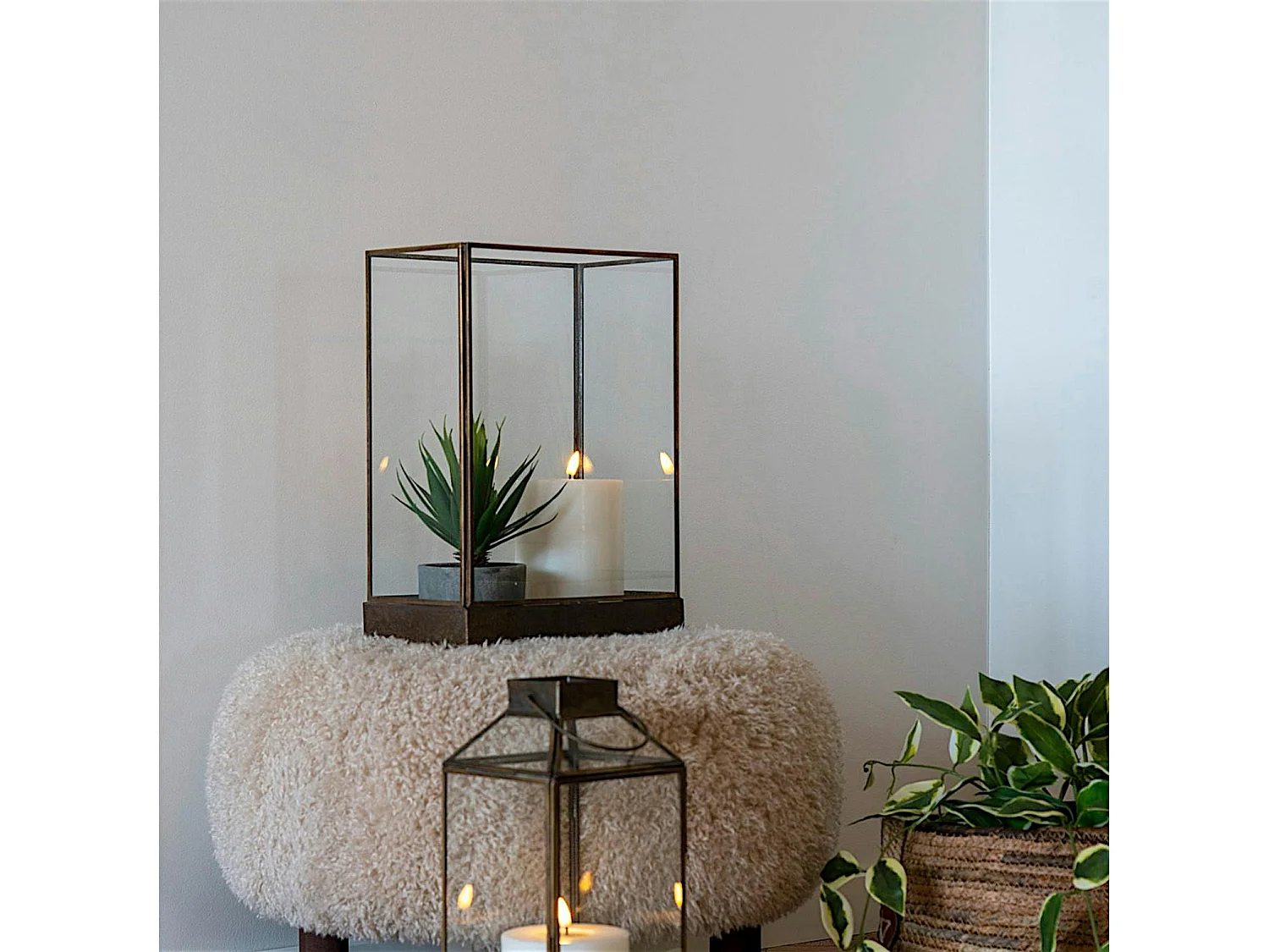 Lanterne vintage verre et métal gravé, forme rectangulaire