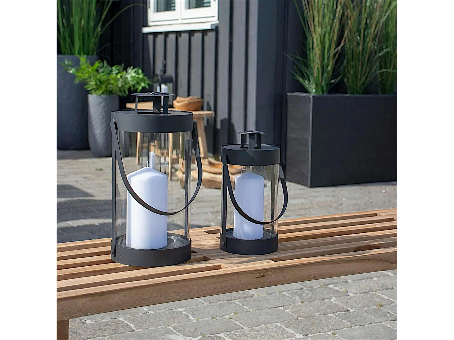 Lanterne décorative ronde métal noir et verre (lot de 2)