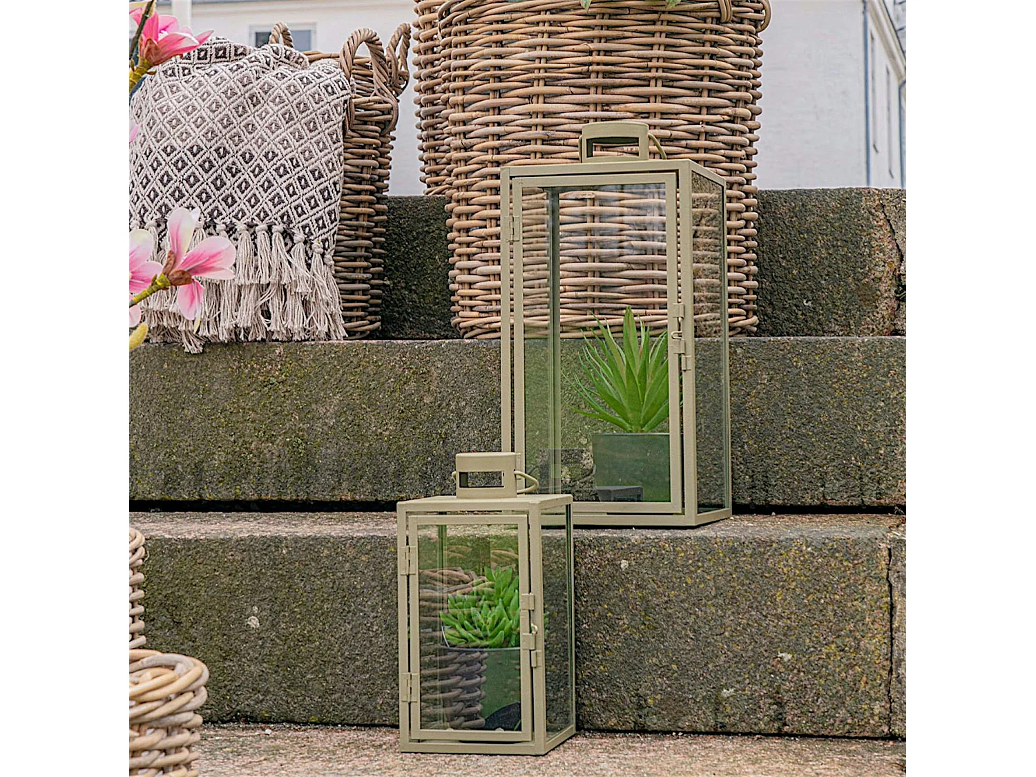 Lanterne décorative à poignée en métal beige et verre (lot de 2)