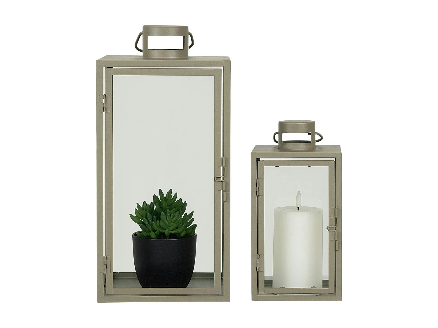 Lanterne décorative à poignée en métal beige et verre (lot de 2)