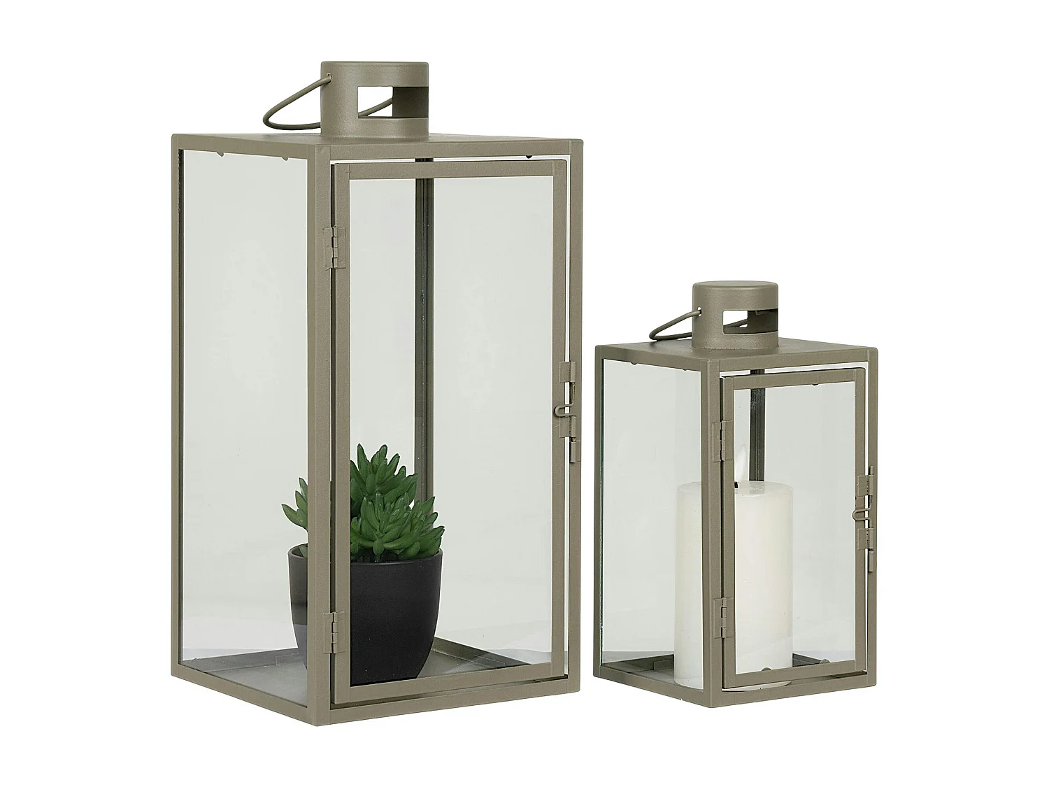 Lanterne décorative à poignée en métal beige et verre (lot de 2)