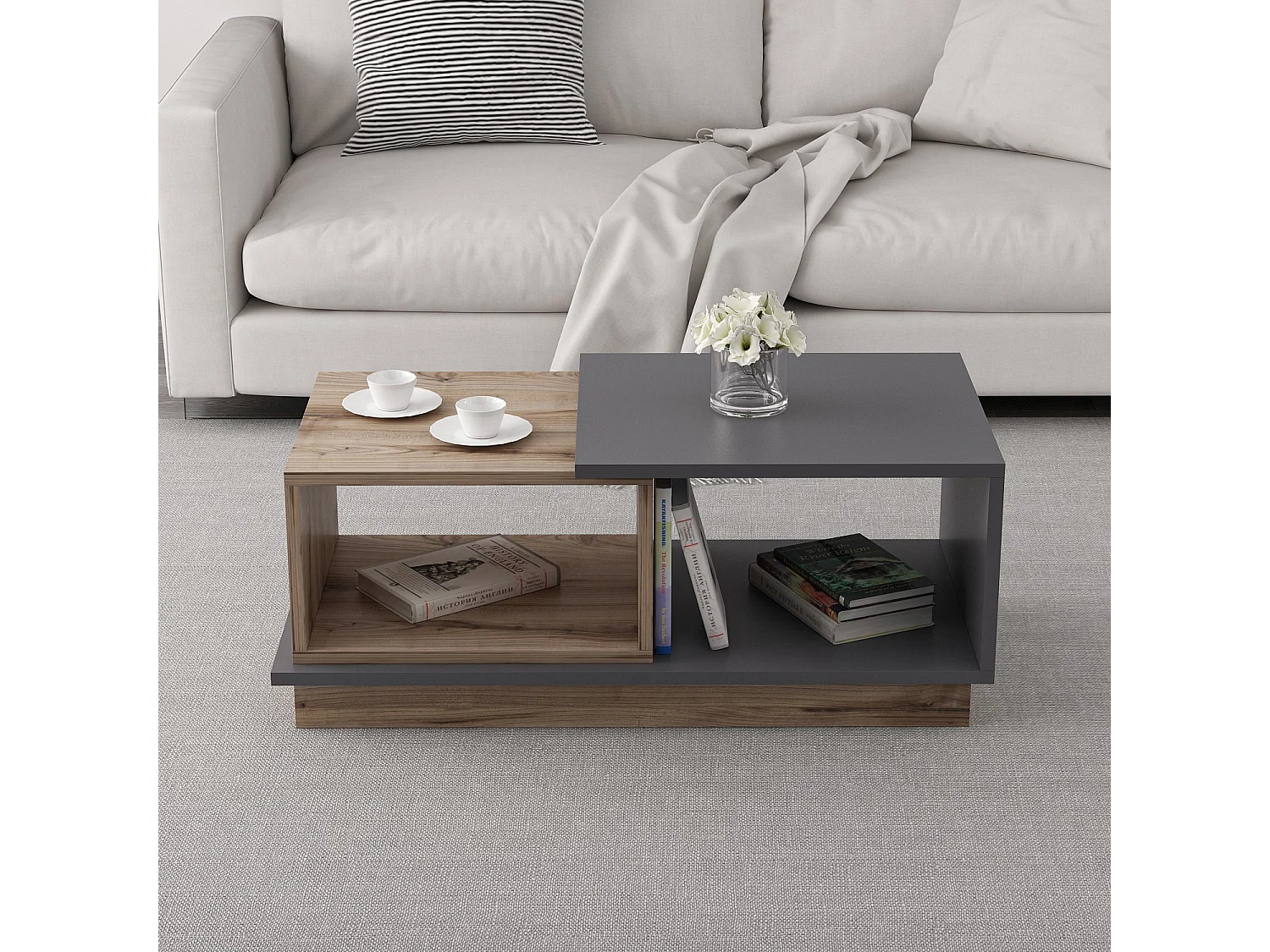 Table basse rectangulaire en bois mélaminé "Consept" 90x45x36 cm coloris Travertin avec 2 étagères de rangement