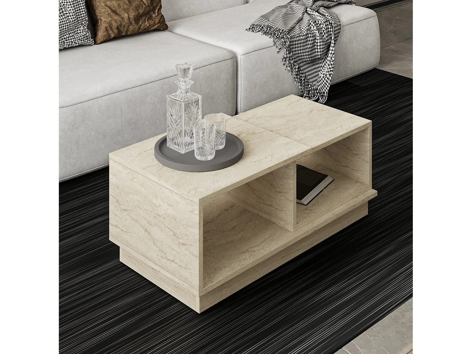 Table basse rectangulaire en bois mélaminé "Consept" 90x45x36 cm coloris Travertin avec 2 étagères de rangement