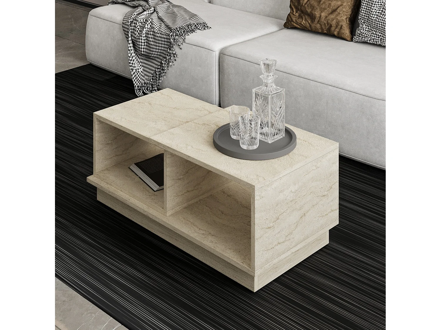 Table basse rectangulaire en bois mélaminé "Consept" 90x45x36 cm coloris Travertin avec 2 étagères de rangement