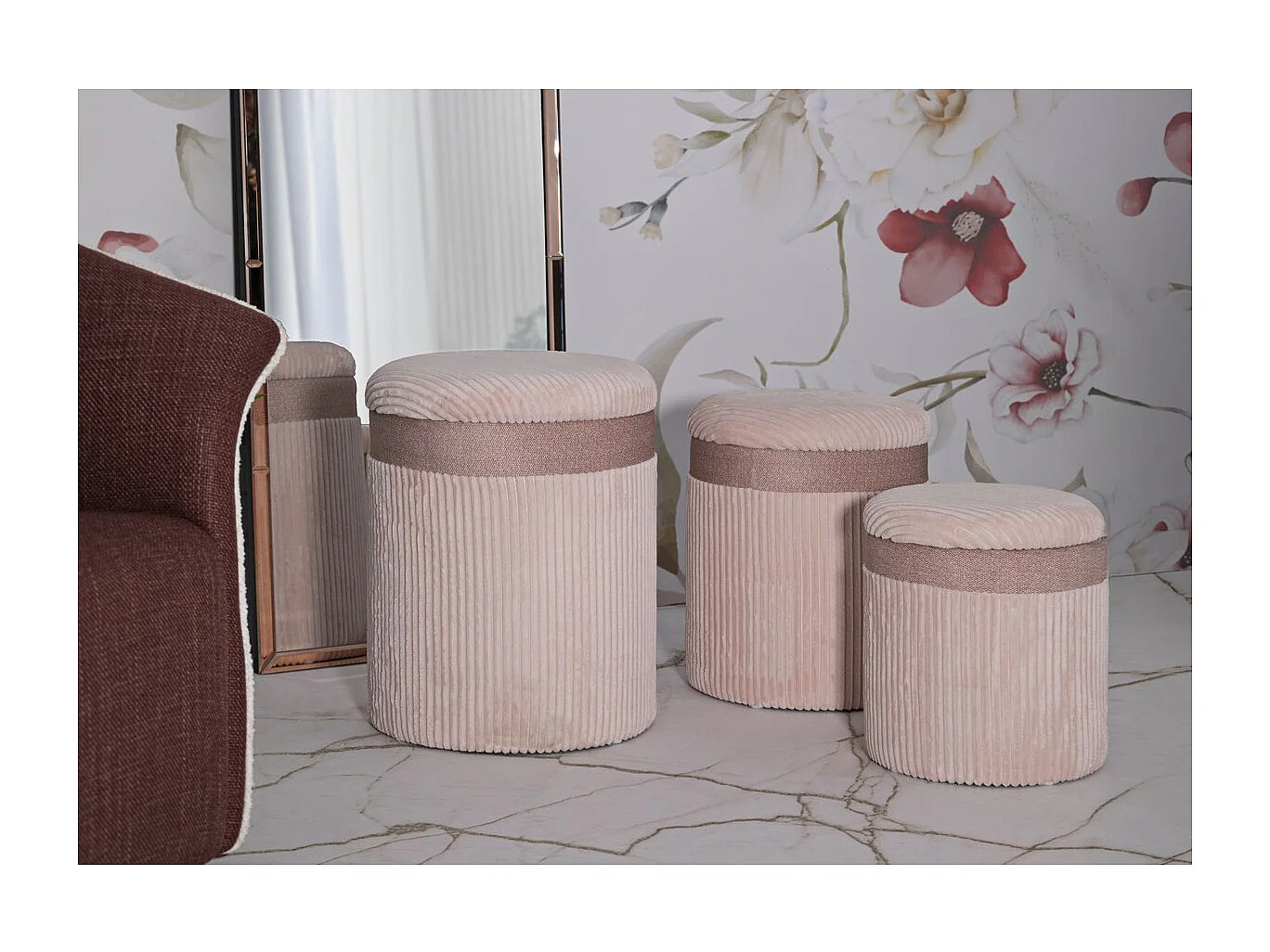 Lot de 3 Poufs VKH769, Rose, 40,5x40,5x49,5 cm, Kendra Home