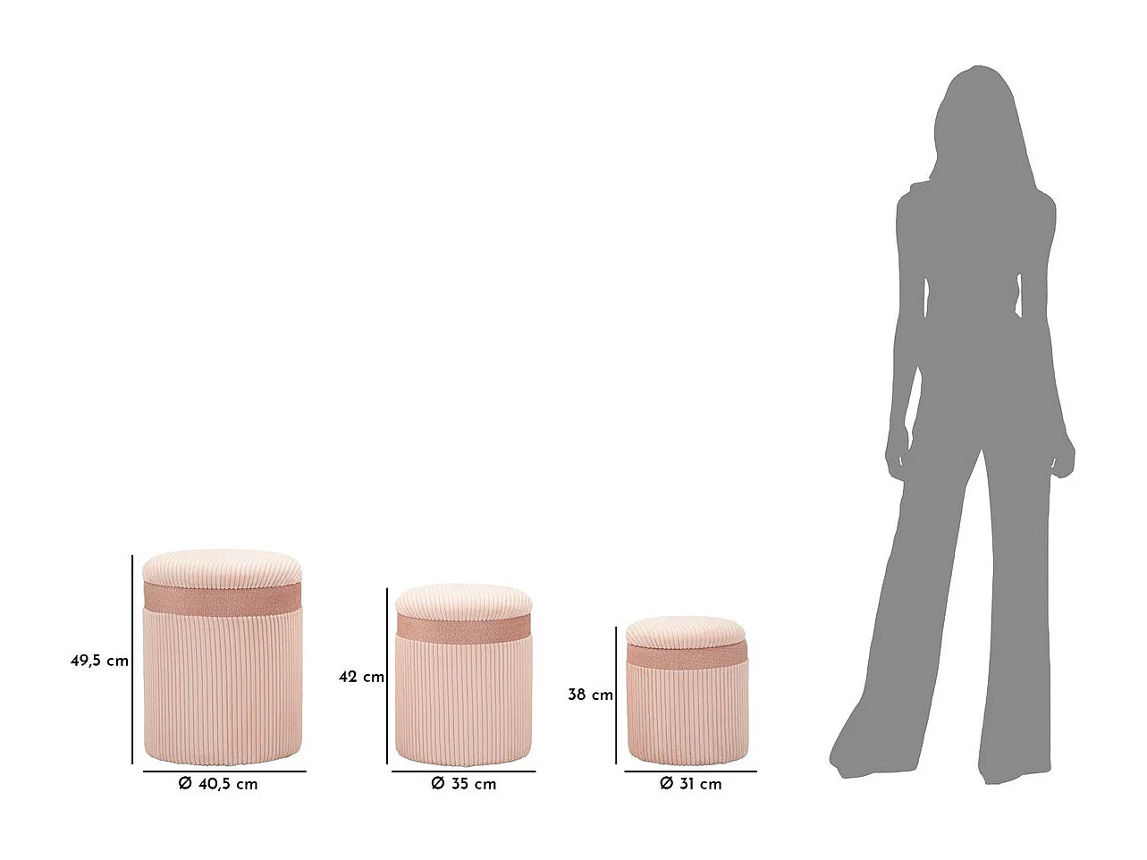 Lot de 3 Poufs VKH769, Rose, 40,5x40,5x49,5 cm, Kendra Home