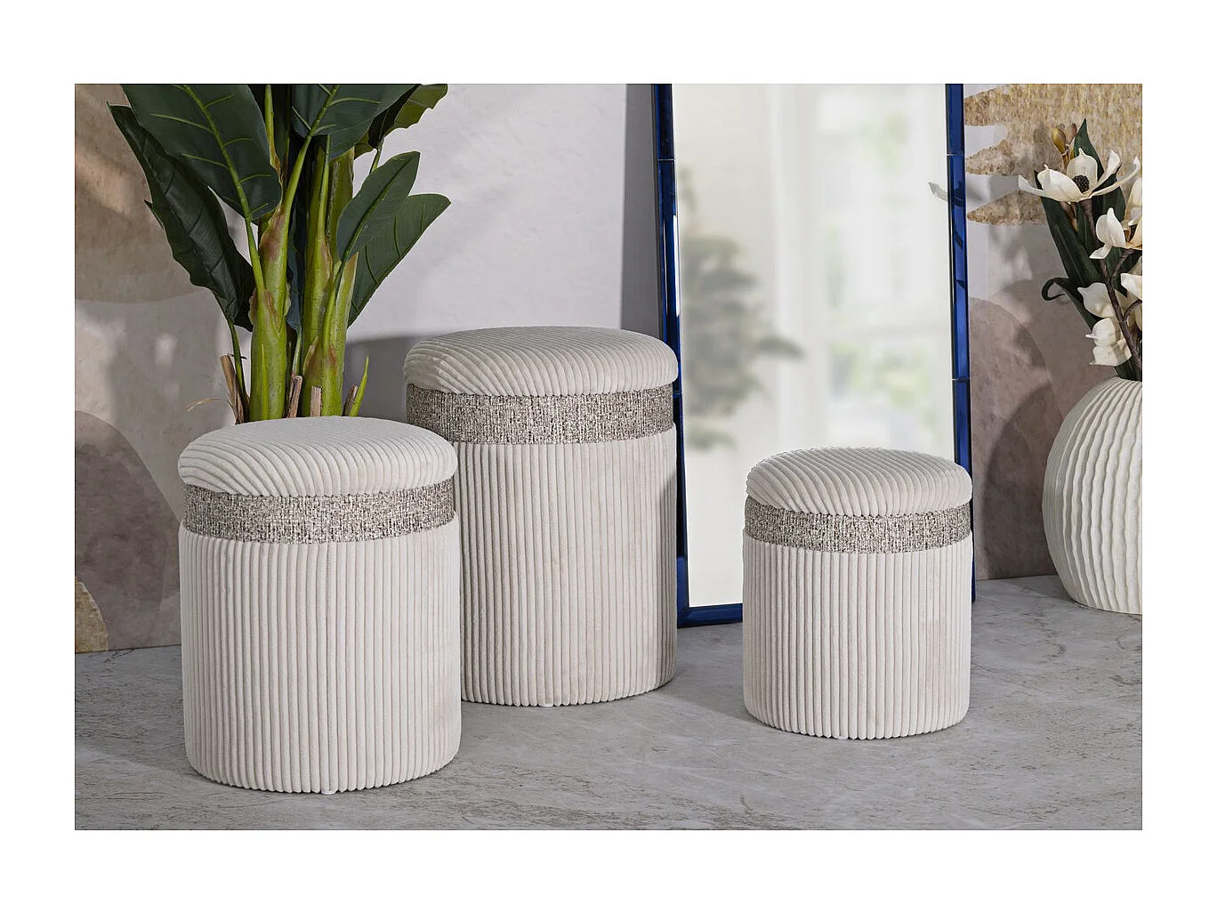 Lot de 3 Poufs VKH768, Beige, 40,5x40,5x49,5 cm, Kendra Home