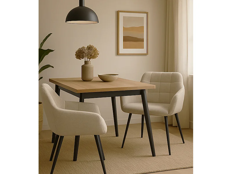 Pack de 2 sillas de comedor de 82x61x57 cm de tela en color beige y patas negras Freya