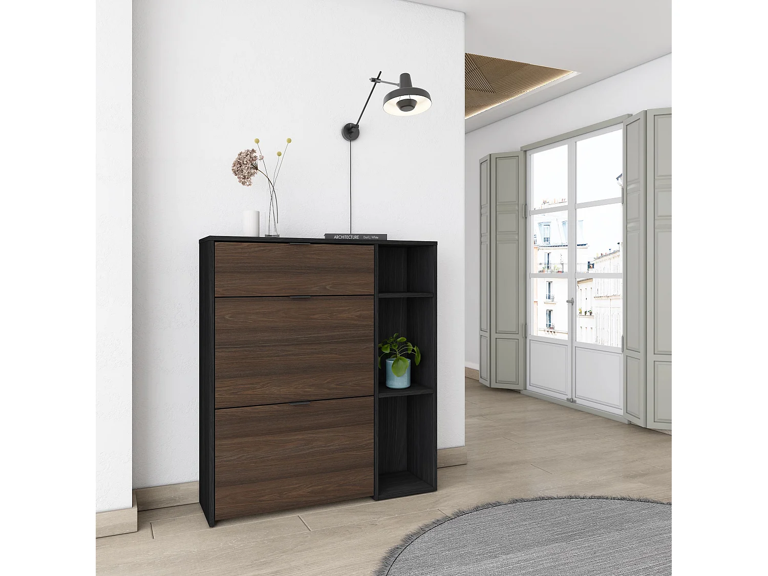 Meuble à Chaussures, 90x102x27 cm, 10 paires de chaussures, Pour Entrée, Noir et Chêne foncé