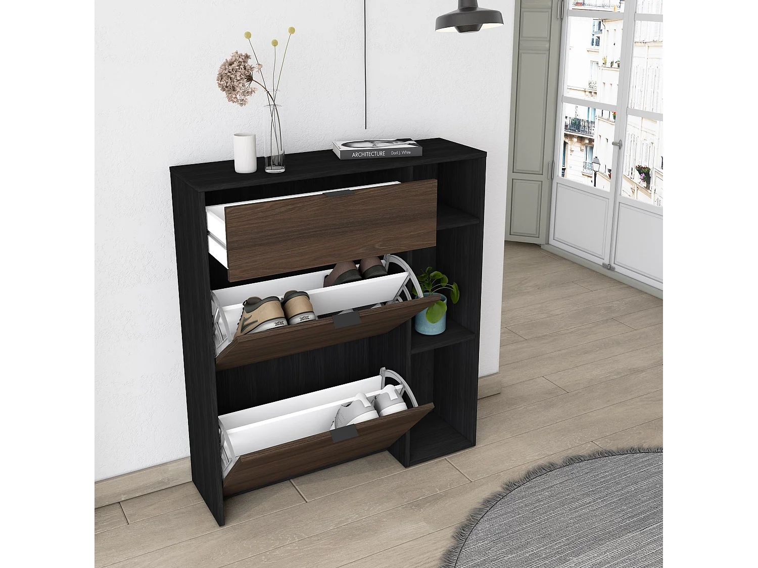 Meuble à Chaussures, 90x102x27 cm, 10 paires de chaussures, Pour Entrée, Noir et Chêne foncé