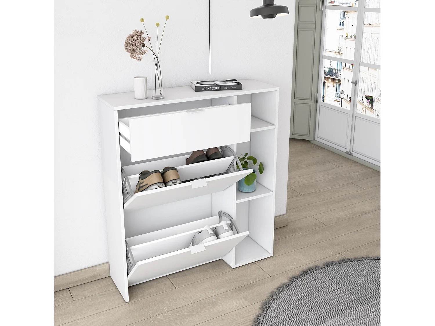 Meuble à Chaussures, 90x102x27 cm, 10 paires de chaussures, Pour Entrée, Blanc