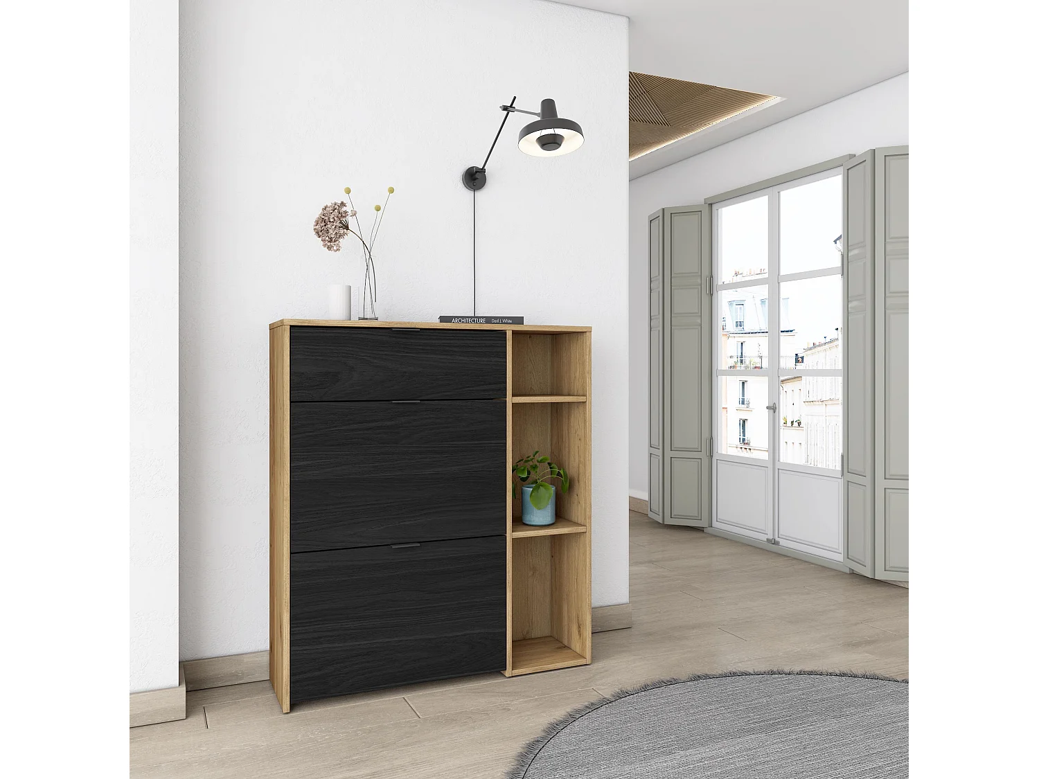 Meuble à Chaussures, 90x102x27 cm, 10 paires de chaussures, Pour Entrée, Chêne et noir