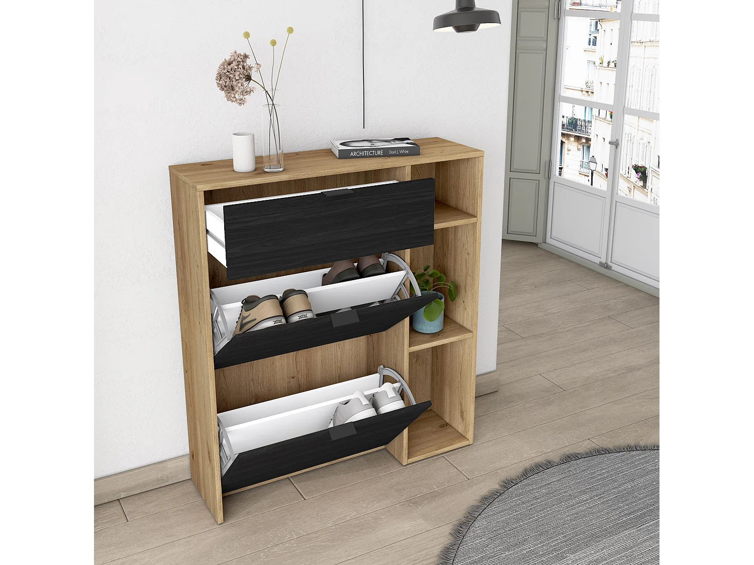 Meuble à Chaussures, 90x102x27 cm, 10 paires de chaussures, Pour Entrée, Chêne et noir