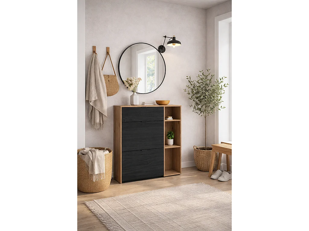 Meuble à Chaussures, 90x102x27 cm, 10 paires de chaussures, Pour Entrée, Chêne et noir