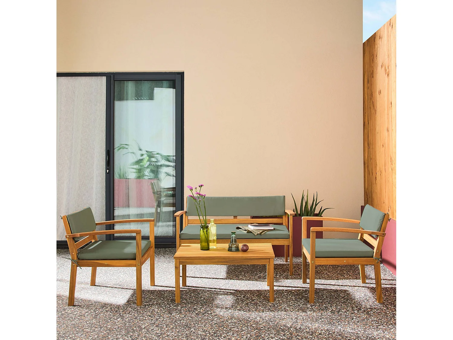 Salotto da giardino in legno di acacia, 4 posti, verde kaki