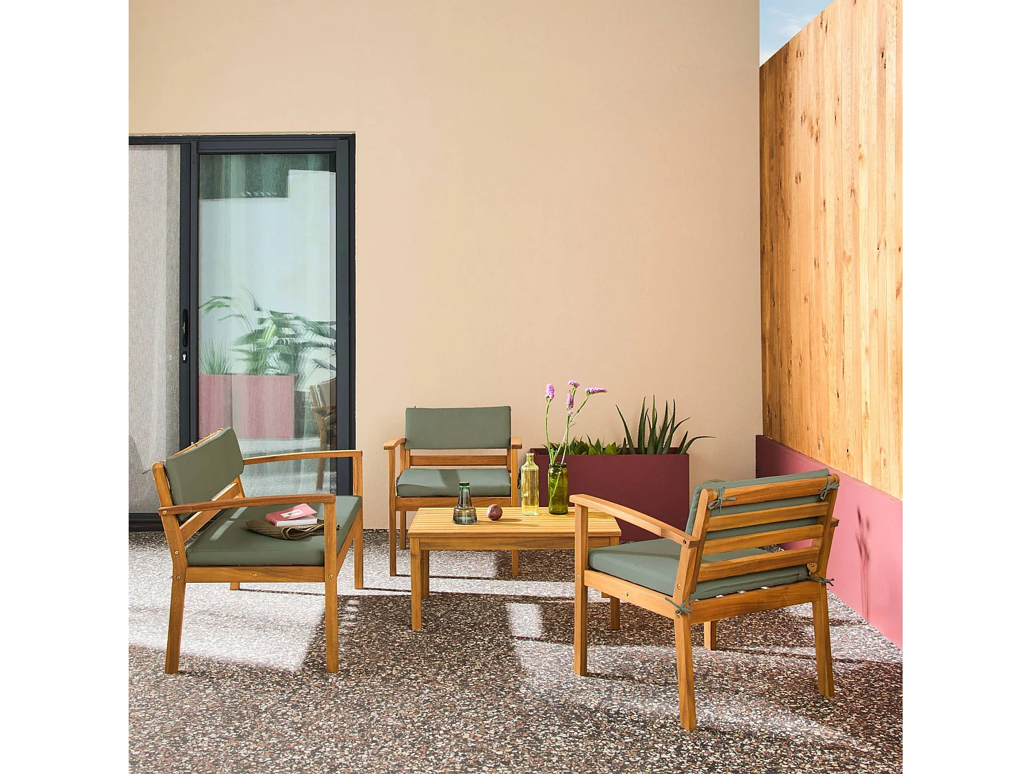 Salotto da giardino in legno di acacia, 4 posti, verde kaki