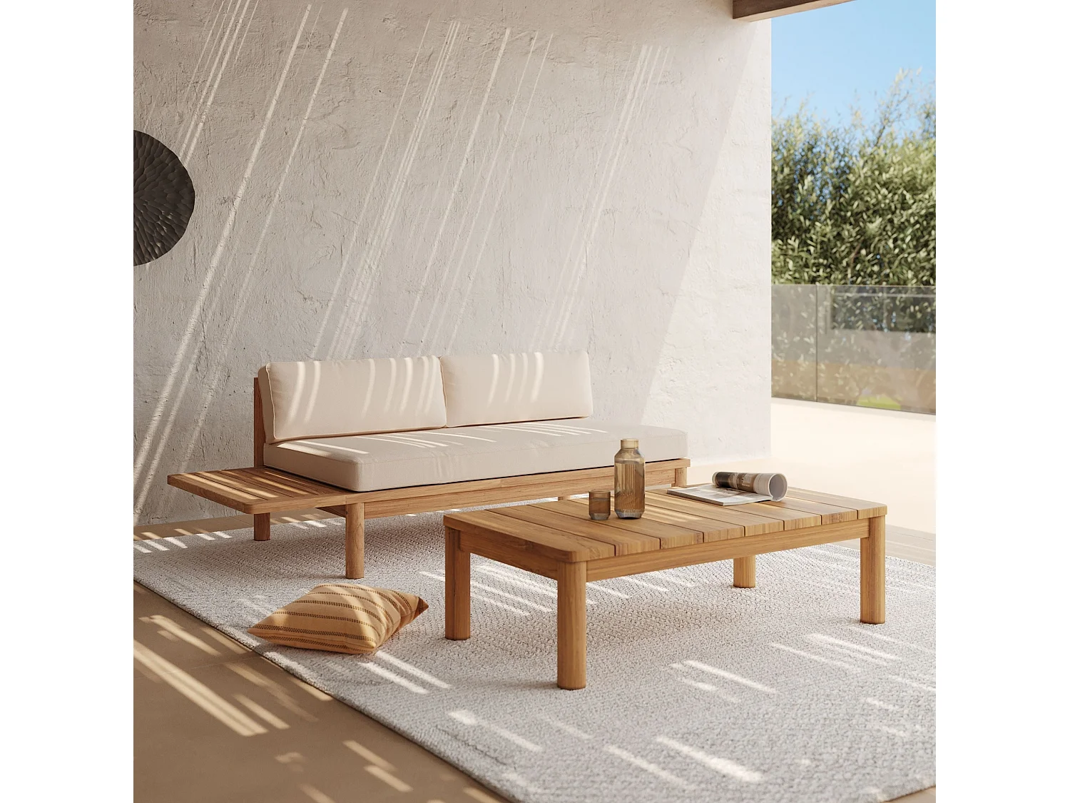 Set da giardino per 2 persone in teak massello e tessuto bianco - Nadila