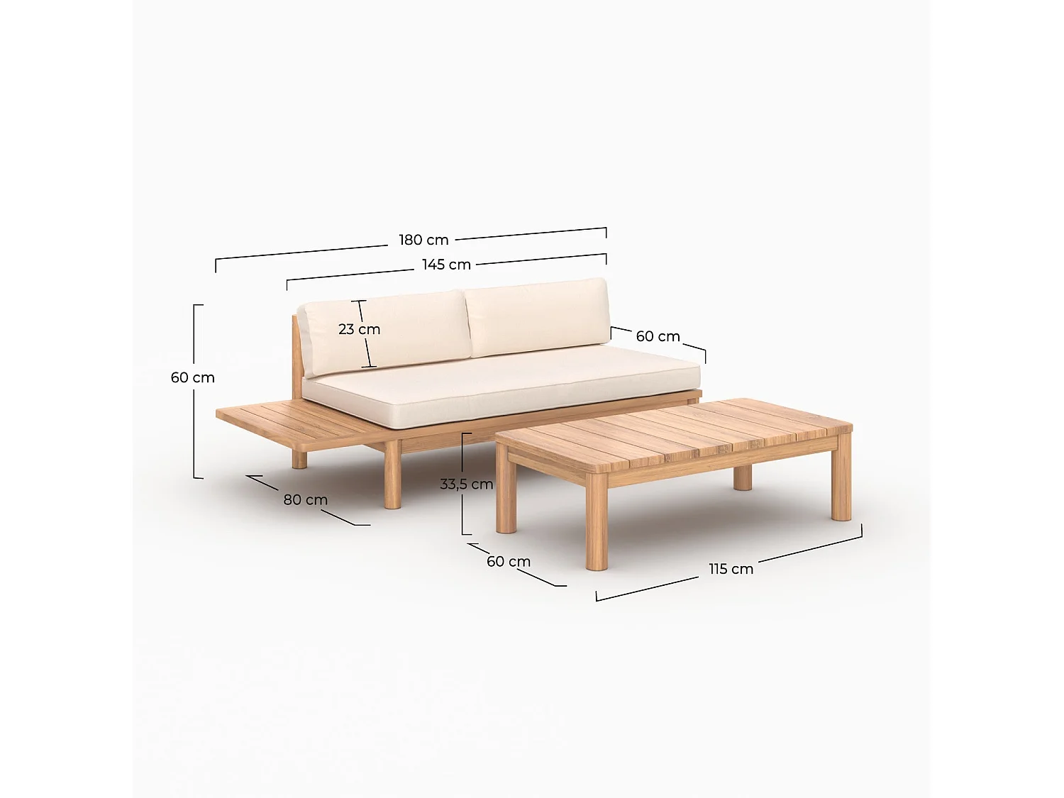 Set da giardino per 2 persone in teak massello e tessuto bianco - Nadila