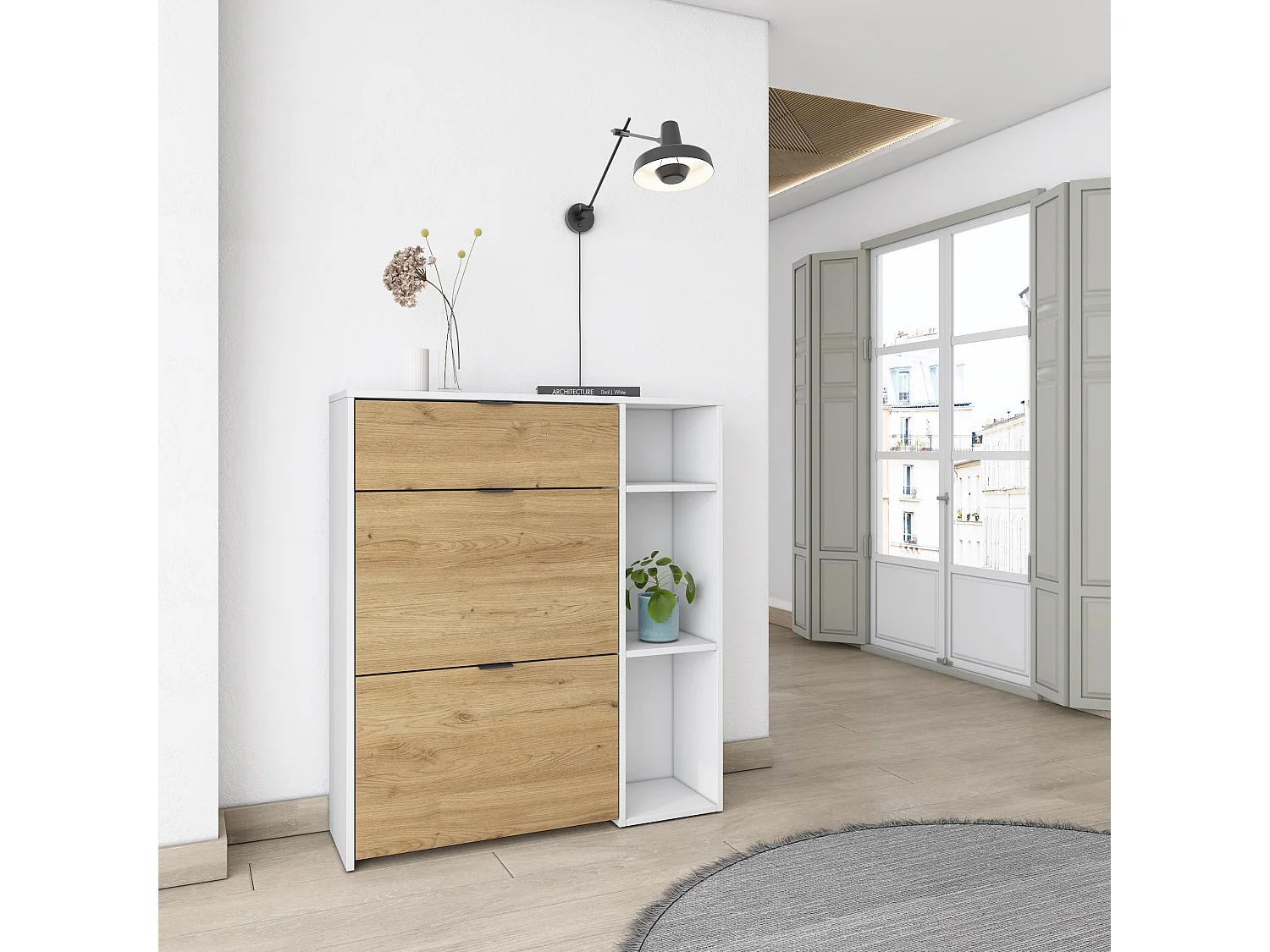 Meuble à Chaussures, 90x102x27 cm, 10 paires de chaussures, Pour Entrée, Blanc et Chêne