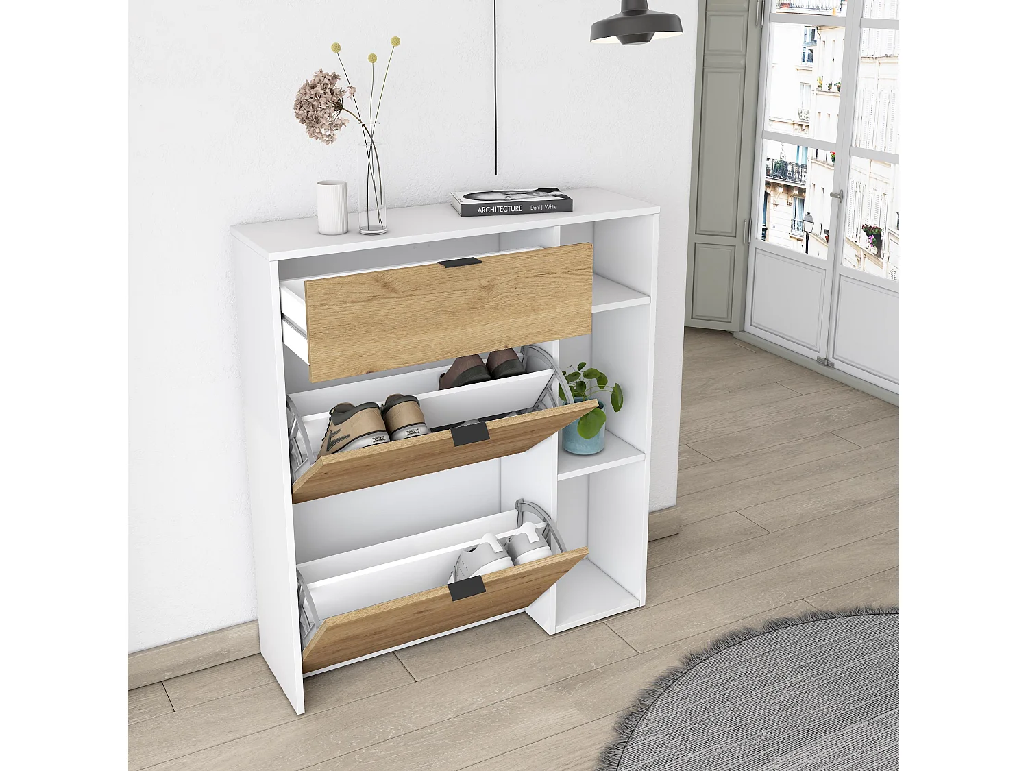 Meuble à Chaussures, 90x102x27 cm, 10 paires de chaussures, Pour Entrée, Blanc et Chêne