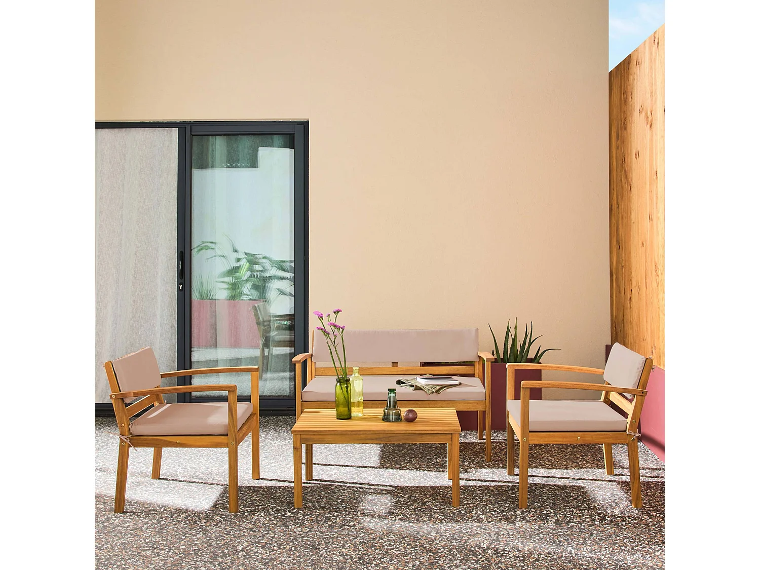 Salotto da giardino in legno di acacia, 4 posti, marrone