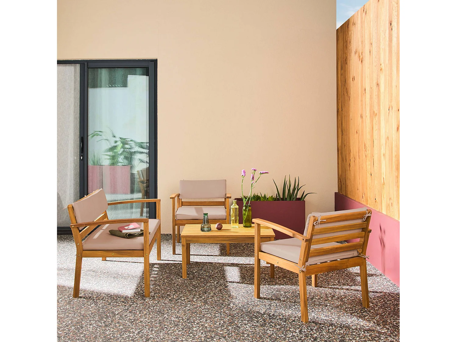 Salotto da giardino in legno di acacia, 4 posti, marrone