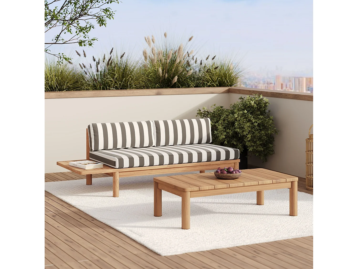 Set da giardino per 2 persone in teak massello e tessuto bouclé grigio - Nadila