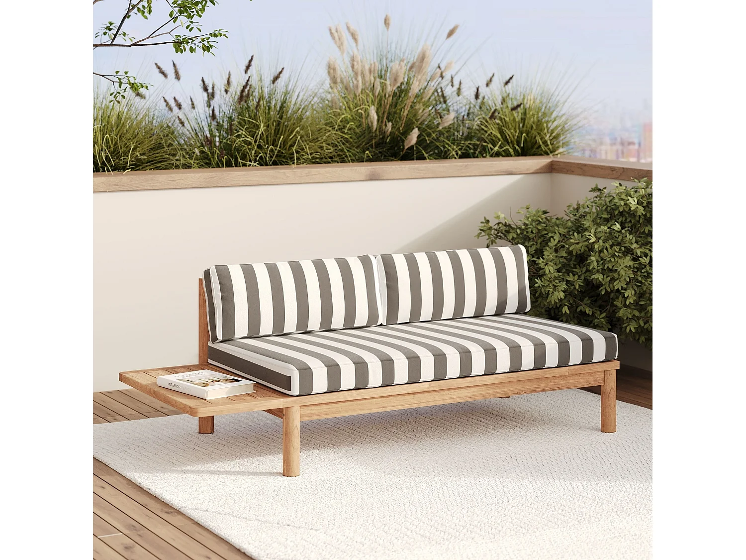 Set da giardino per 2 persone in teak massello e tessuto bouclé grigio - Nadila