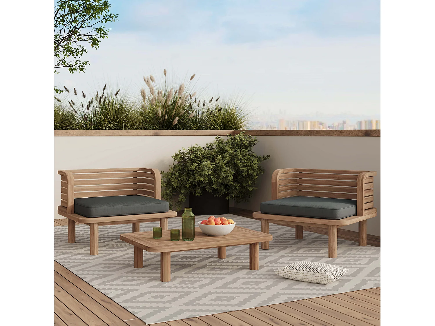 Salotto da giardino 2 posti in teak e tessuto grigio, 2 poltrone - Kilda