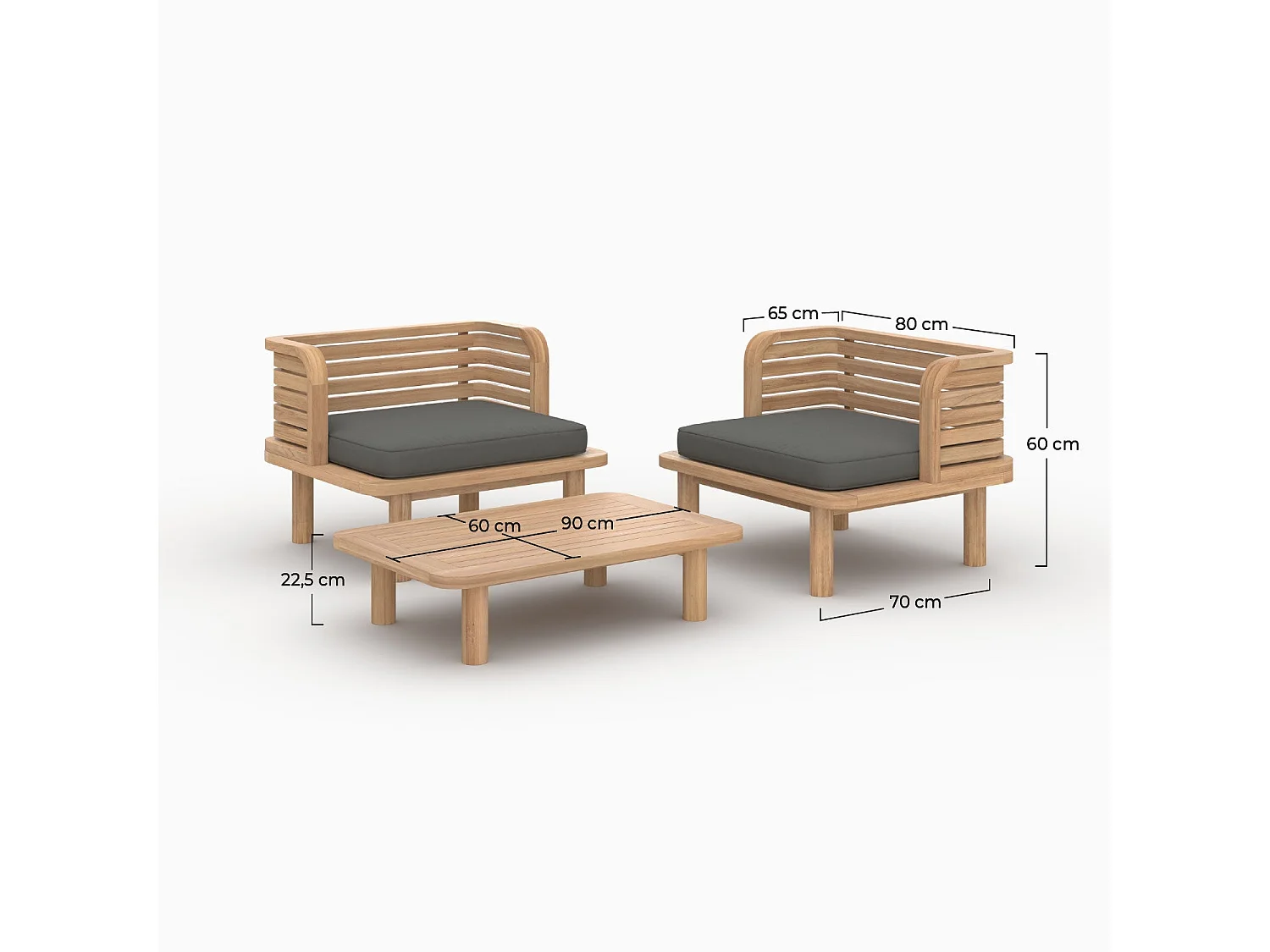 Salotto da giardino 2 posti in teak e tessuto grigio, 2 poltrone - Kilda