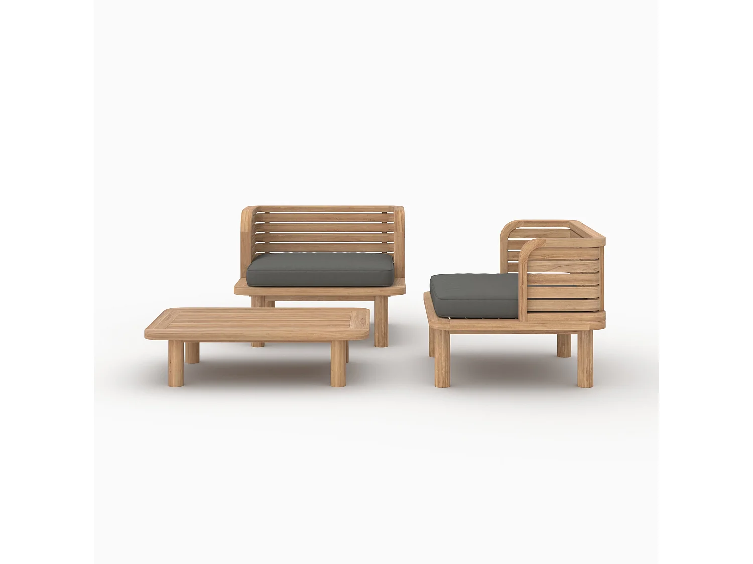 Salotto da giardino 2 posti in teak e tessuto grigio, 2 poltrone - Kilda