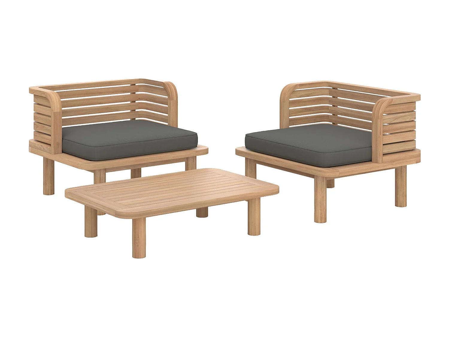 Salotto da giardino 2 posti in teak e tessuto grigio, 2 poltrone - Kilda
