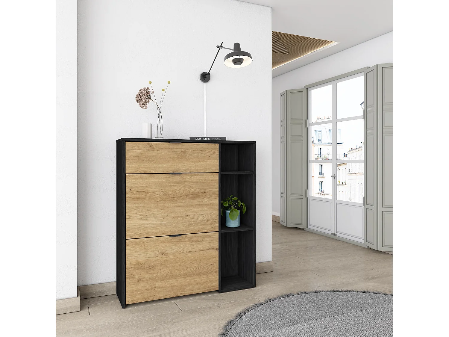 Meuble à Chaussures, 90x102x27 cm, 10 paires de chaussures, Pour Entrée, Noir et chêne