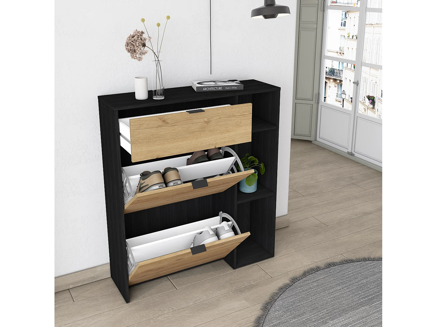 Meuble à Chaussures, 90x102x27 cm, 10 paires de chaussures, Pour Entrée, Noir et chêne