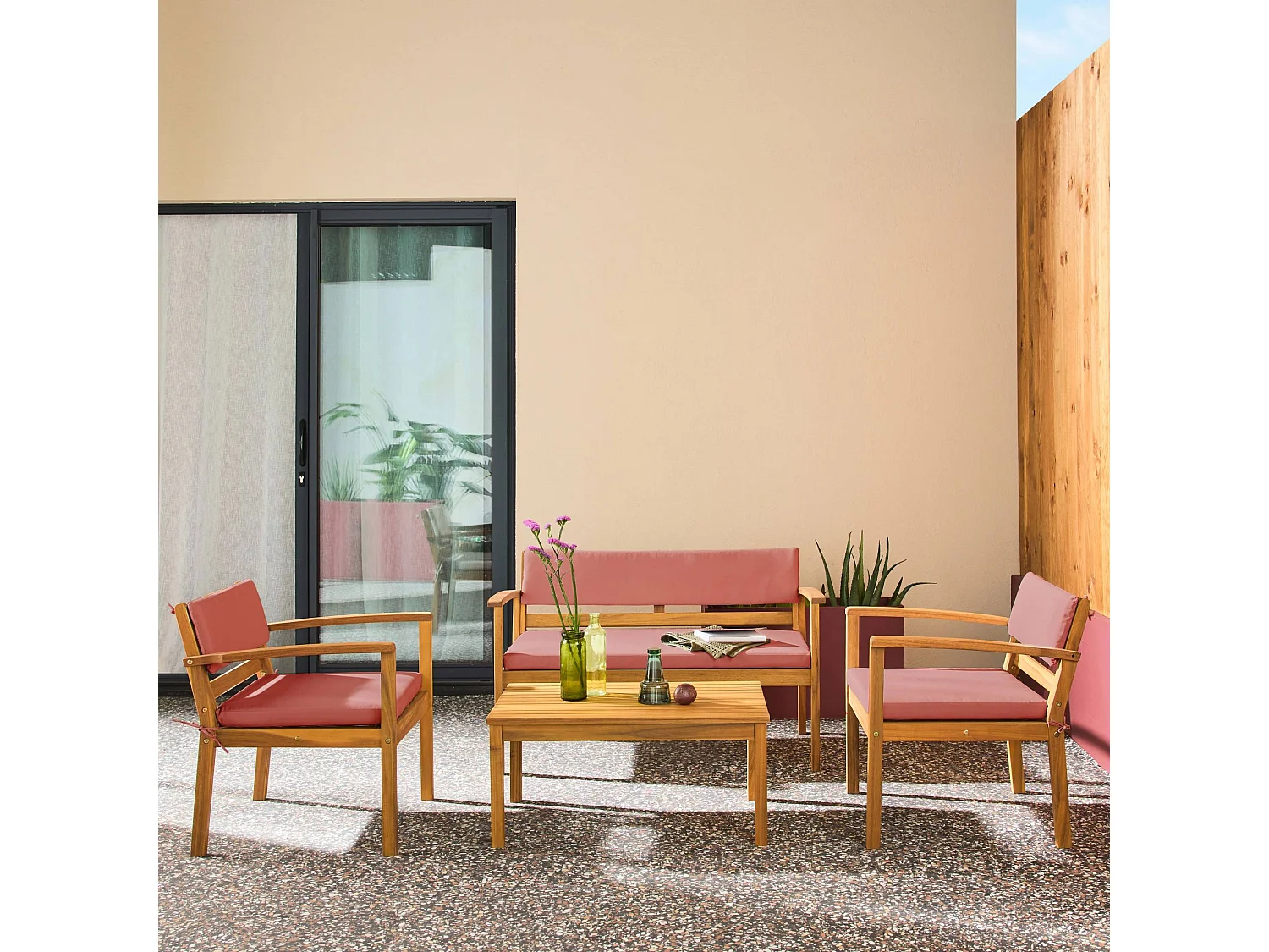 Salotto da giardino in legno di acacia, 4 posti, terracotta