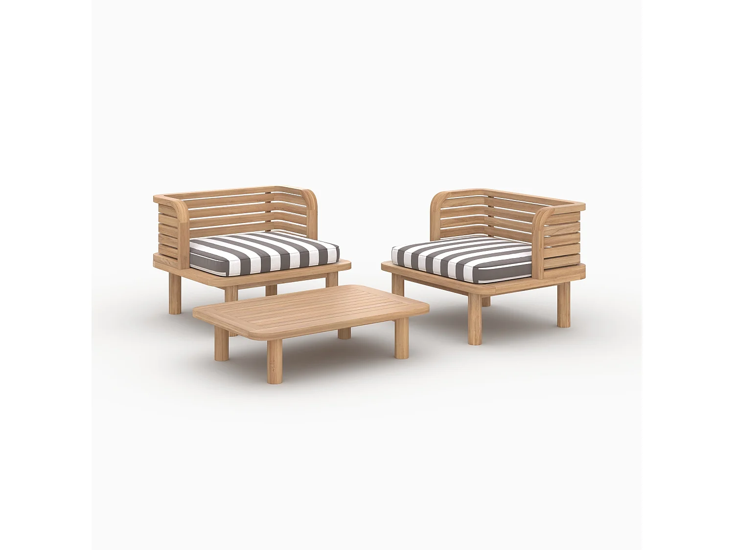 Salon de jardin 2 places en teck et tissu rayé gris, 2 fauteuils - Kilda