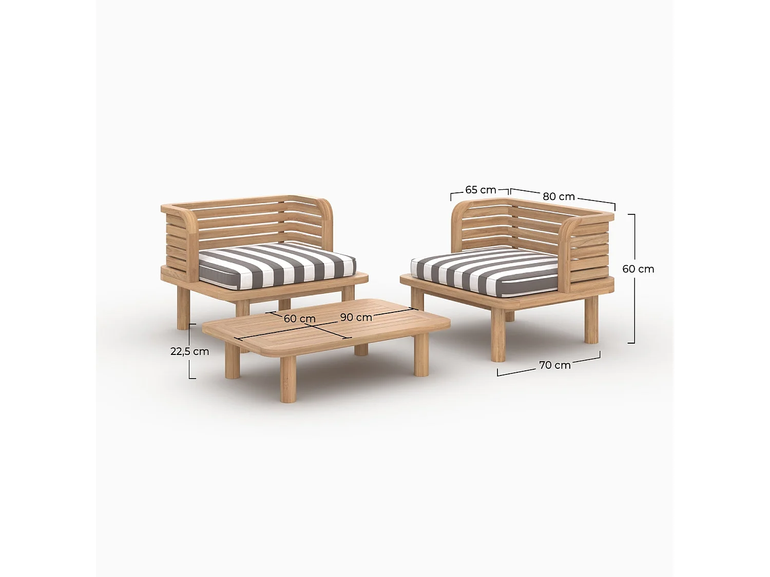 Salon de jardin 2 places en teck et tissu rayé gris, 2 fauteuils - Kilda