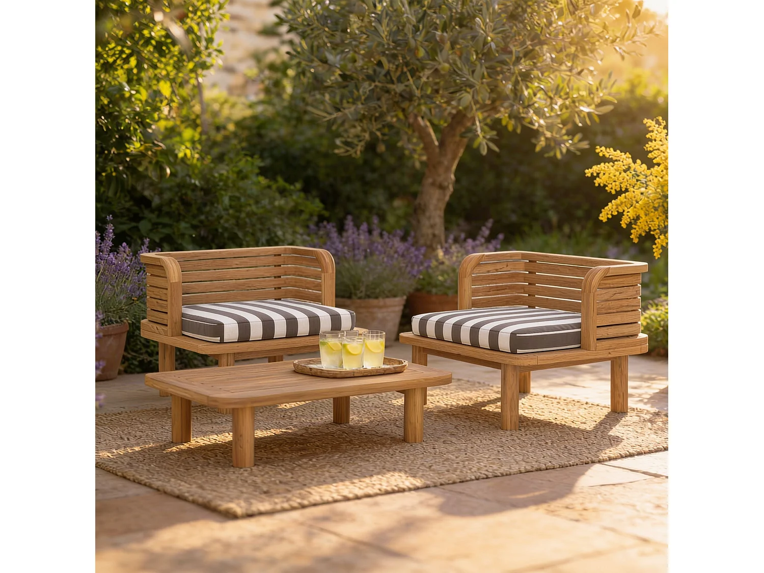 Salon de jardin 2 places en teck et tissu rayé gris, 2 fauteuils - Kilda