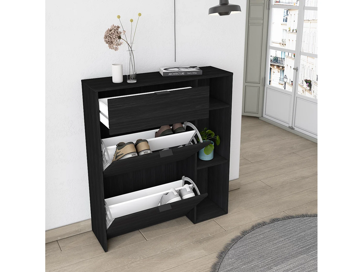 Schoenenkast, 90x102x27 cm, 10 paar schoenen, Schoenenrek, Zwart