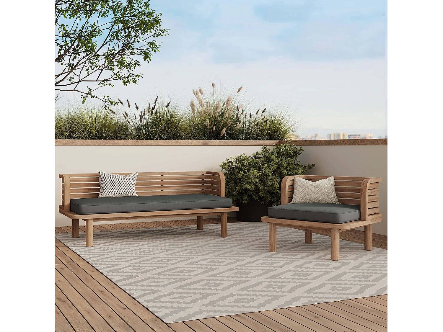 Divano e poltrona da giardino 3 posti in teak massello, tessuto grigio - Kilda