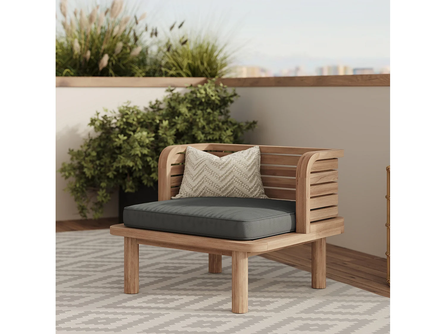 Divano e poltrona da giardino 3 posti in teak massello, tessuto grigio - Kilda