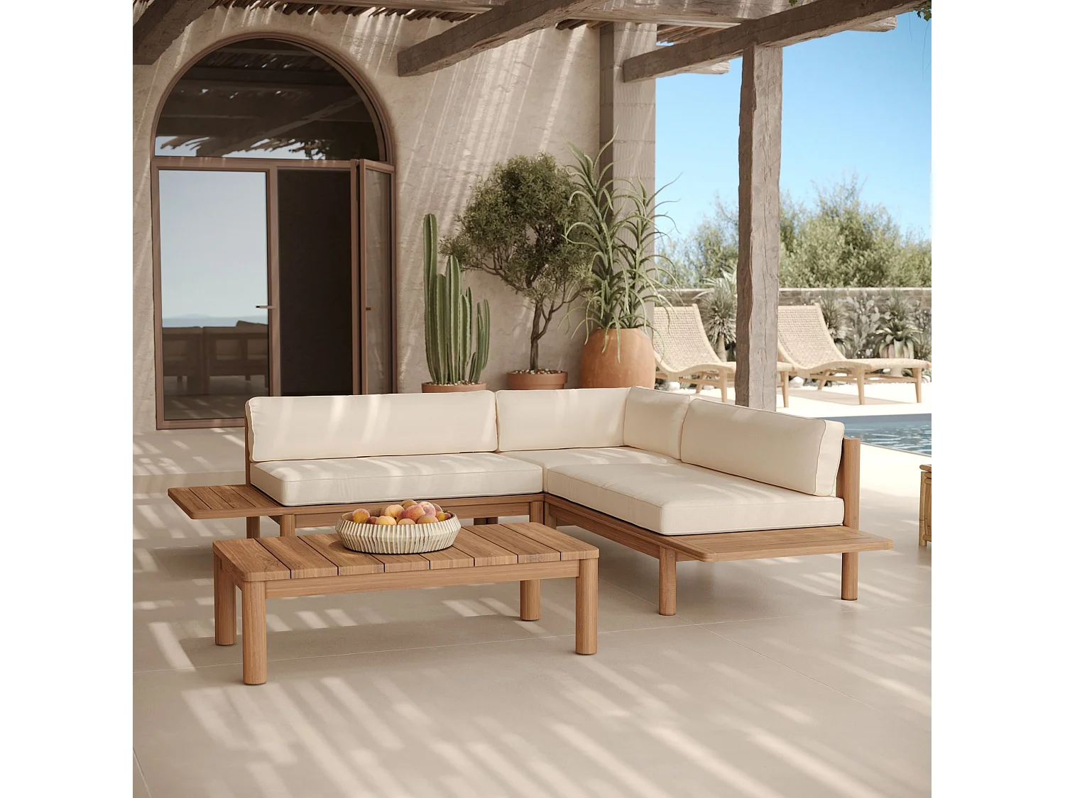 Giardino per 4 persone in teak massiccio e tessuto bianco - Nadila