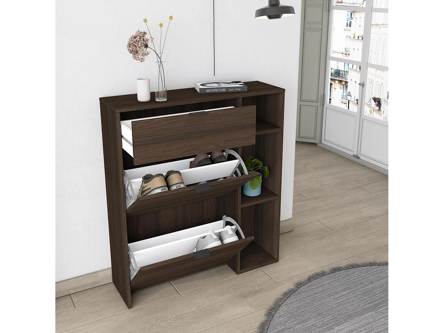Meuble à Chaussures, 90x102x27 cm, 10 paires de chaussures, Pour Entrée, Chêne foncé