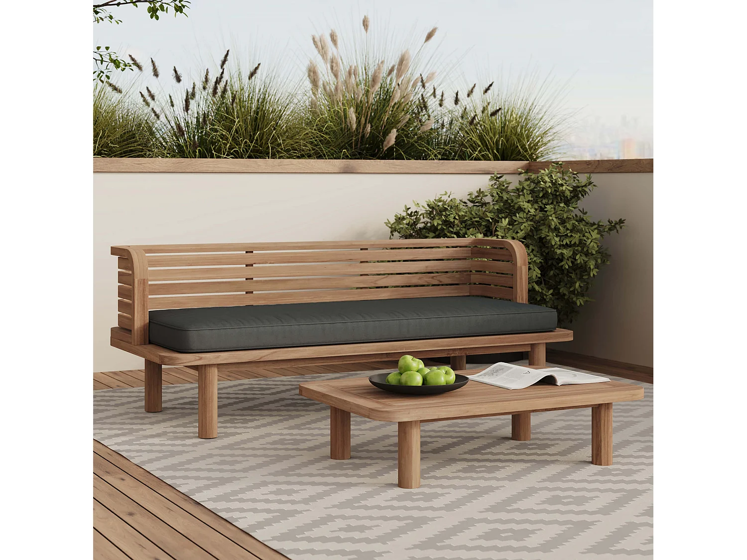 Salotto da giardino 2 posti in teak e tessuto bouclé grigio, divano - Kilda