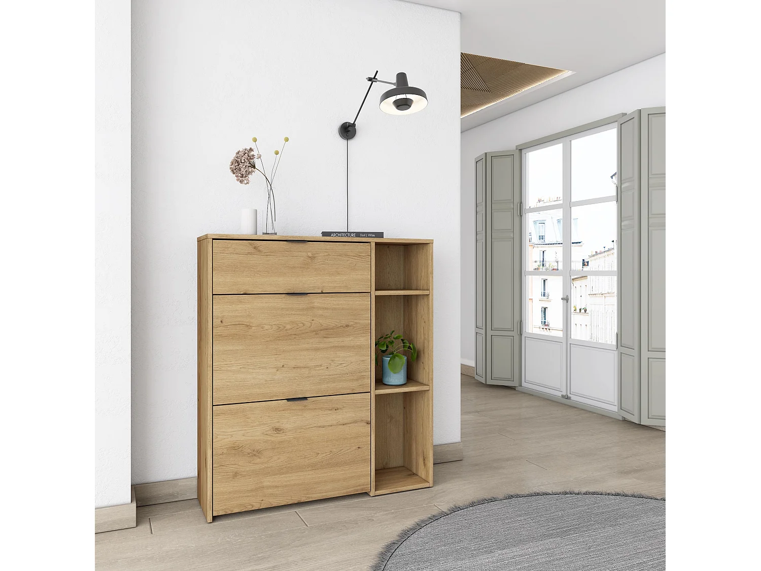 Meuble à Chaussures, 90x102x27 cm, 10 paires de chaussures, Pour Entrée, Chêne