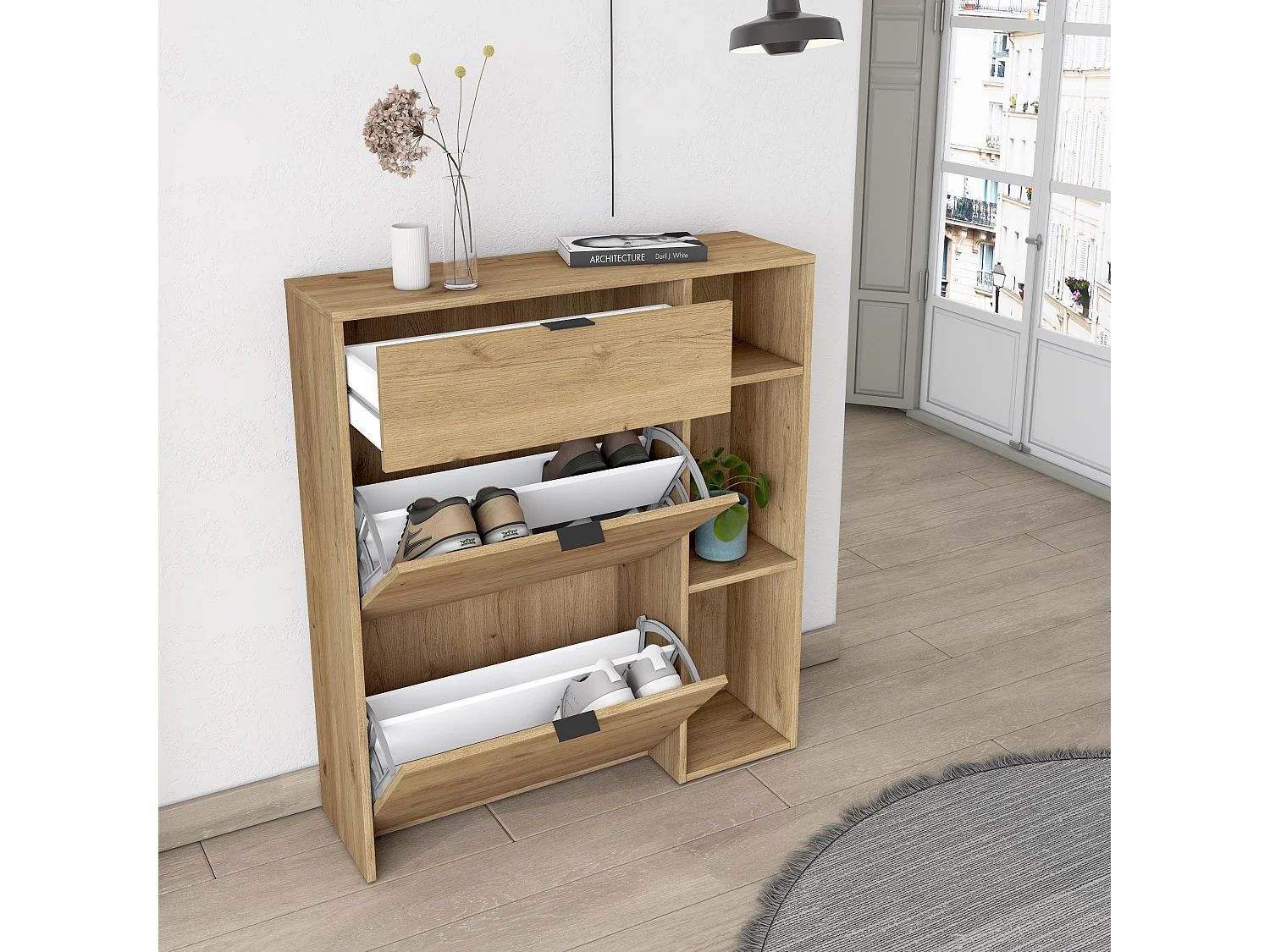 Meuble à Chaussures, 90x102x27 cm, 10 paires de chaussures, Pour Entrée, Chêne